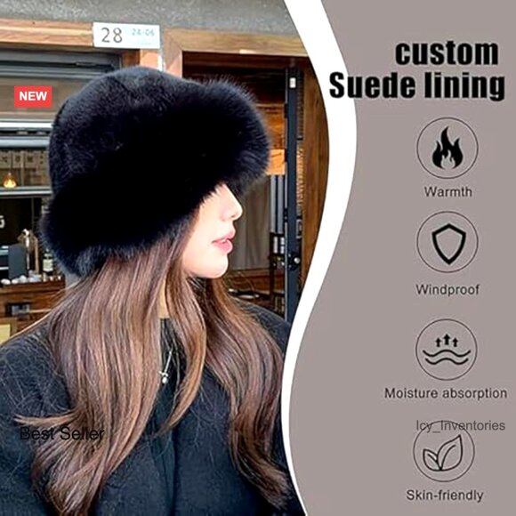 Faux Fur Bucket Hat Warm Plush Fluffy Winter Chic Elegant Wide Brim